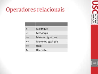 Operadores relacionais
>

Maior que

<

Menor que

>=

Maior ou igual que

<=

Menor ou igual que

==

Igual

!=

Diferente

40

 