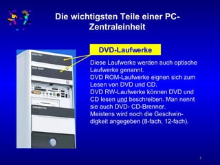 Die wichtigsten Teile einer PC-Zentraleinheit DVD-Laufwerke Diese Laufwerke werden auch optische Laufwerke genannt. DVD ROM-Laufwerke eignen sich zum Lesen von DVD und CD. DVD RW-Laufwerke können DVD und CD lesen  und  beschreiben. Man nennt sie auch DVD- CD-Brenner. Meistens wird noch die Geschwin-digkeit angegeben (8-fach, 12-fach). 