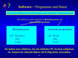 Software  = Programme und Daten Erst mit der Software wird ein Computer zum sinnvollen Arbeitsinstrument. Die Software wird eingeteilt in  Betriebssystem  und  Anwenderprogramme . Betriebssystem Anwenderprogramme z.B. Windows oder Linux   z.B. Word oder Excel   Sie haben nun erfahren, wie ein einfaches PC-System aufgebaut ist. Seniorweb wünscht Ihnen viel Erfolg beim Anwenden. 