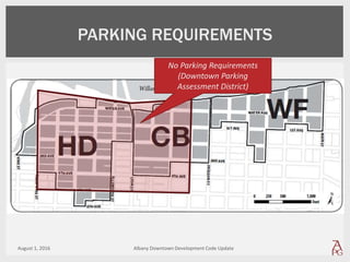 August 1, 2016 Albany Downtown Development Code Update
PARKING REQUIREMENTS
No Parking Requirements
(Downtown Parking
Assessment District)
 