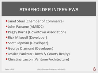 Janet Steel (Chamber of Commerce)
John Pascone (AMEDC)
Peggy Burris (Downtown Association)
Rick Mikesell (Developer)
Scott Lepman (Developer)
George Diamond (Developer)
Jessica Pankratz (Town & County Realty)
Christina Larson (Varitone Architecture)
August 1, 2016 Albany Downtown Development Code Update
STAKEHOLDER INTERVIEWS
 