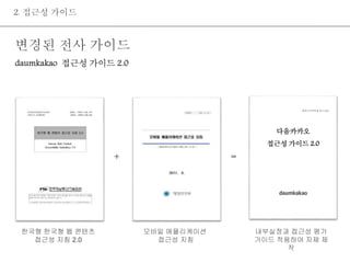 2. 접근성 가이드 
변경된 전사 가이드 
daumkakao 접근성 가이드 2.0 
한국형 한국형 웹 콘텐츠 
접근성 지침 2.0 
모바일 애플리케이션 
접근성 지침 
웹접근성TFT & 접근성팀 
내부실정과 접근성 평가 
가이드 적용하여 자체 제 
작 
+ = 
다음카카오 
접근성 가이드 2.0 
 