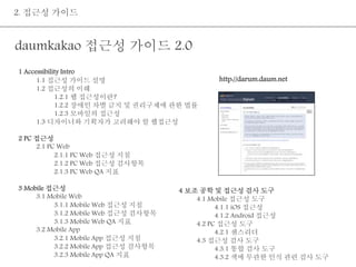 2. 접근성 가이드 
1 Accessibility Intro 
1.1 접근성 가이드 설명 
1.2 접근성의 이해 
1.2.1 웹 접근성이란? 
1.2.2 장애인 차별 금지 및 권리구제에 관한 법률 
1.2.3 모바일의 접근성 
1.3 디자이너와 기획자가 고려해야 할 웹접근성 
2 PC 접근성 
2.1 PC Web 
2.1.1 PC Web 접근성 지침 
2.1.2 PC Web 접근성 검사항목 
2.1.3 PC Web QA 지표 
3 Mobile 접근성 
3.1 Mobile Web 
3.1.1 Mobile Web 접근성 지침 
3.1.2 Mobile Web 접근성 검사항목 
3.1.3 Mobile Web QA 지표 
3.2 Mobile App 
3.2.1 Mobile App 접근성 지침 
3.2.2 Mobile App 접근성 검사항목 
3.2.3 Mobile App QA 지표 
4 보조 공학 및 접근성 검사 도구 
4.1 Mobile 접근성 도구 
4.1.1 iOS 접근성 
4.1.2 Android 접근성 
4.2 PC 접근성 도구 
4.2.1 센스리더 
4.3 접근성 검사 도구 
4.3.1 통합 검사 도구 
4.3.2 색에 무관한 인식 관련 검사 도구 
daumkakao 접근성 가이드 2.0 
http://darum.daum.net 
 