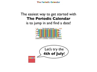 The easiest way to get started with
    The Periodic Calendar
   is to jump in and ﬁnd a date!




               Let’s tr...