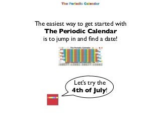The easiest way to get started with
The Periodic Calendar
is to jump in and ﬁnd a date!

Let’s try the
4th of July!

 