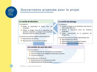 7
Gouver nance pr opos ée pour le pr ojet
Le comité de direction
Il a vocation à :
 Piloter et administrer le projet dans son
ensemble.
 Valider le budget initial et la répartition des
sommes consacrées au projet et les transferts
financiers entre les acteurs du projet.
Ce comité est constitué à égale représentation de :
 Représentants de l’Amue,
 Représentants de l’association Cocktail.
Le comité de pilotage
Il a vocation à :
 Valider le projet et ses évolutions ainsi que les
plans projet afférents.
 Arbitrer si nécessaire entre les solutions
proposées.
 Piloter l’avancement et la projection du
programme.
Ce comité est constitué à égale représentation de :
 Représentants de l’Amue,
 Représentants de l’association Cocktail.
 Représentants des établissements.
Les comités de suivi des sites
Ils ont vocation à :
 Suivre les activités de l’équipe de co-construction.
 Suivre le respects des obligations prises par les parties.
 Suivi RH et financier.
Ces comités sont constitué de :
 Représentants de la direction du projet,
 Représentants de l’établissement
 