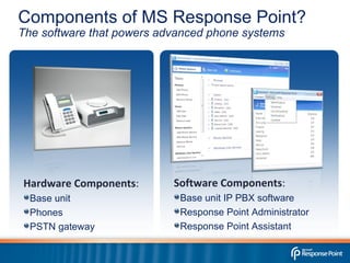 Components of MS Response Point? The software that powers advanced phone systems Hardware Components : Base unit Phones PSTN gateway Software Components : Base unit IP PBX software Response Point Administrator Response Point Assistant 