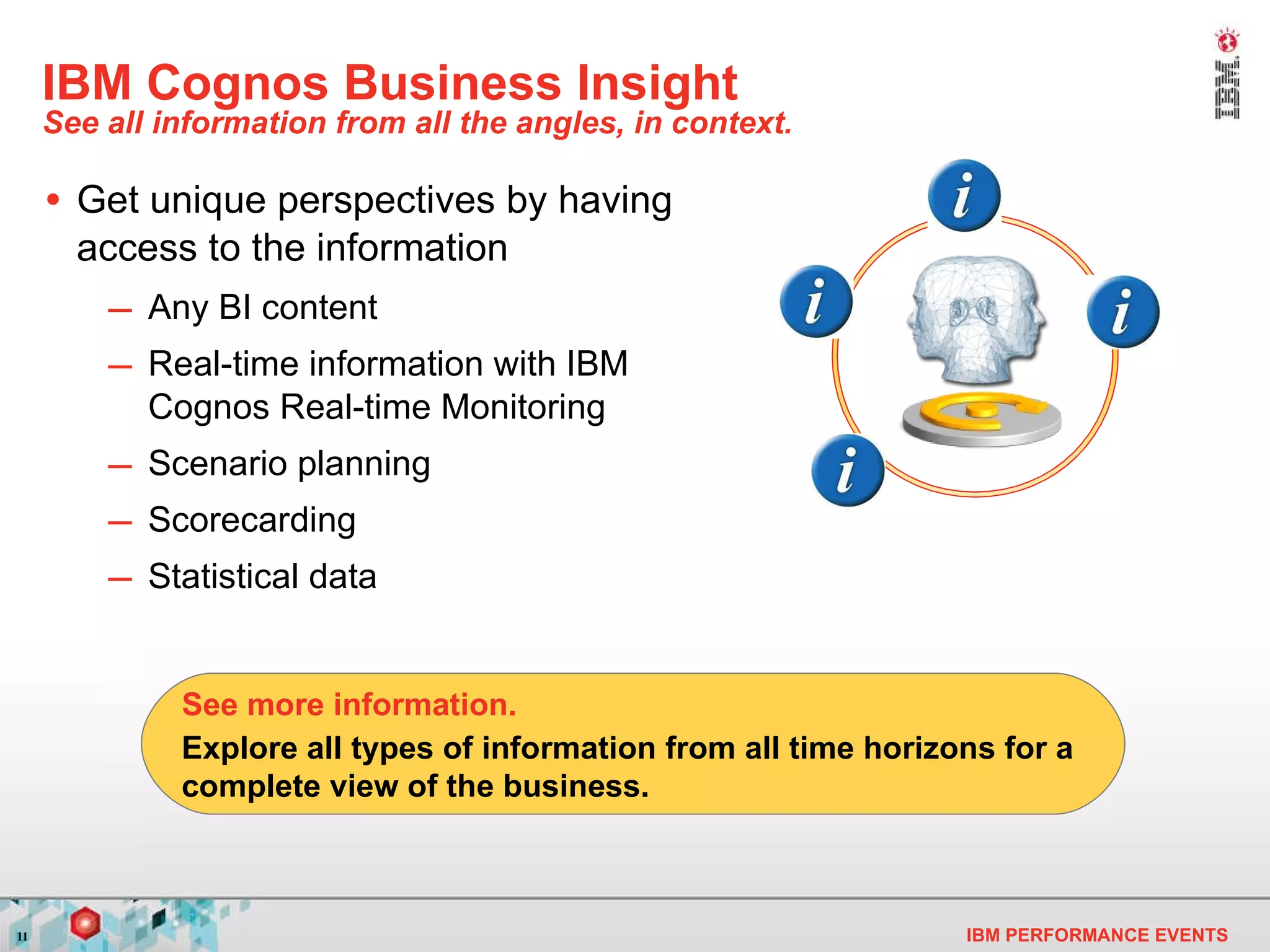 IBM Cognos Business Insight See all information from all the angles, in context. Get unique perspectives by having access to the information Any BI content Real-time information with IBM Cognos Real-time Monitoring Scenario planning Scorecarding Statistical data Explore all types of information from all time horizons for a complete view of the business. See more information. 