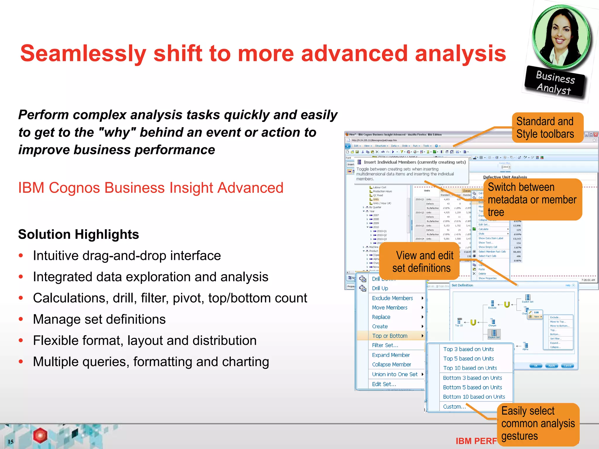 Seamlessly shift to more advanced analysis Solution Highlights Intuitive drag-and-drop interface  Integrated data exploration and analysis Calculations, drill, filter, pivot, top/bottom count Manage set definitions Flexible format, layout and distribution Multiple queries, formatting and charting Perform complex analysis tasks quickly and easily to get to the "why" behind an event or action to improve business performance IBM Cognos Business Insight Advanced Standard and Style toolbars Switch between metadata or member tree View and edit set definitions   Easily select common analysis gestures Business Analyst 
