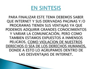 EL CHATComo ya sabemos el chat es un medio de comunicación que permite comunicarce con personas a grande distancias.Ventajas:       Permite compartir experiencias a grandes distancias con personas.No existe el tono de voz, por lo cual no puedes ofenderte con tanta facilidad dependiendo de como te habla el interlocutor.Pierdes el sentido de ridículo gracias al anatómico.No existe el factor tiempo por lo tanto no te cansas de hablar.Permite acceder a conversaciones desde hace un mes.Desventajas:Al no tener tono nunca estas seguro/a con que persona estas hablando.al no existir limite de tiempo las personas pueden tener el tiempo suficiente para elaborar un texto lo suficiente  para herir a otra.Te puedes convertir en un anónimo ridículo.Al contactar con personas  a miles de quilómetros no sabemos correctamente el perfil de cada uno, estando expuesto al engaño.Y muchas veces pensamos que estamos hablando con personas seguras y le damos muchos datos personales quedando expuesto al peligro.