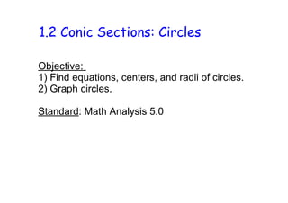 1.2 Conic Sections: Circles

Objective: 
1) Find equations, centers, and radii of circles.  
2) Graph circles.

Standard: Math Analysis 5.0
 
