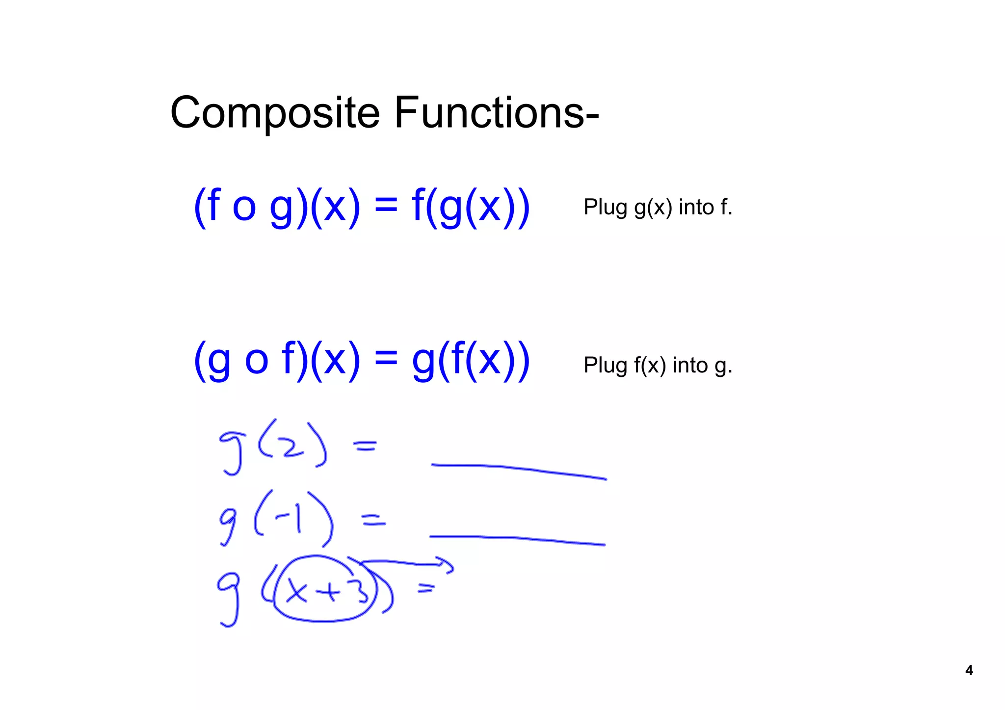 Composite Functions­

 (f o g)(x) = f(g(x))   Plug g(x) into f.




 (g o f)(x) = g(f(x))   Plug f(x) into g.




                                            4
 