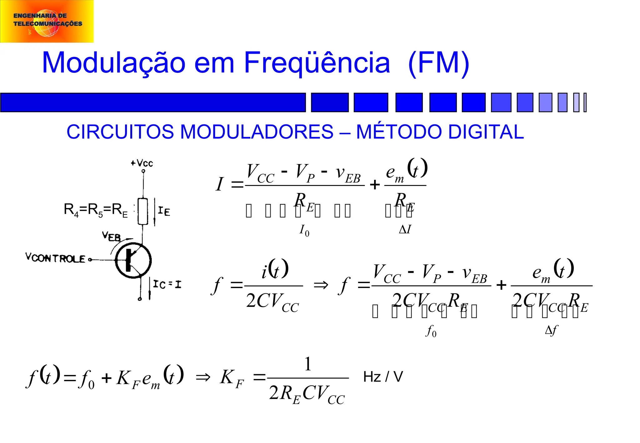 Modulação em Freqüência (FM)
CIRCUITOS MODULADORES – MÉTODO DIGITAL
R4=R5=RE
 
CC
CV
t
i
f
2

CC
E
F
CV
R
K
2
1


 




 

 

I
E
m
I
E
EB
P
CC
R
t
e
R
v
V
V
I





0
 
 
 


 

 

f
E
CC
m
f
E
CC
EB
P
CC
R
CV
t
e
R
CV
v
V
V
f






2
2
0
   
t
e
K
f
t
f m
F

 0
Hz / V
 