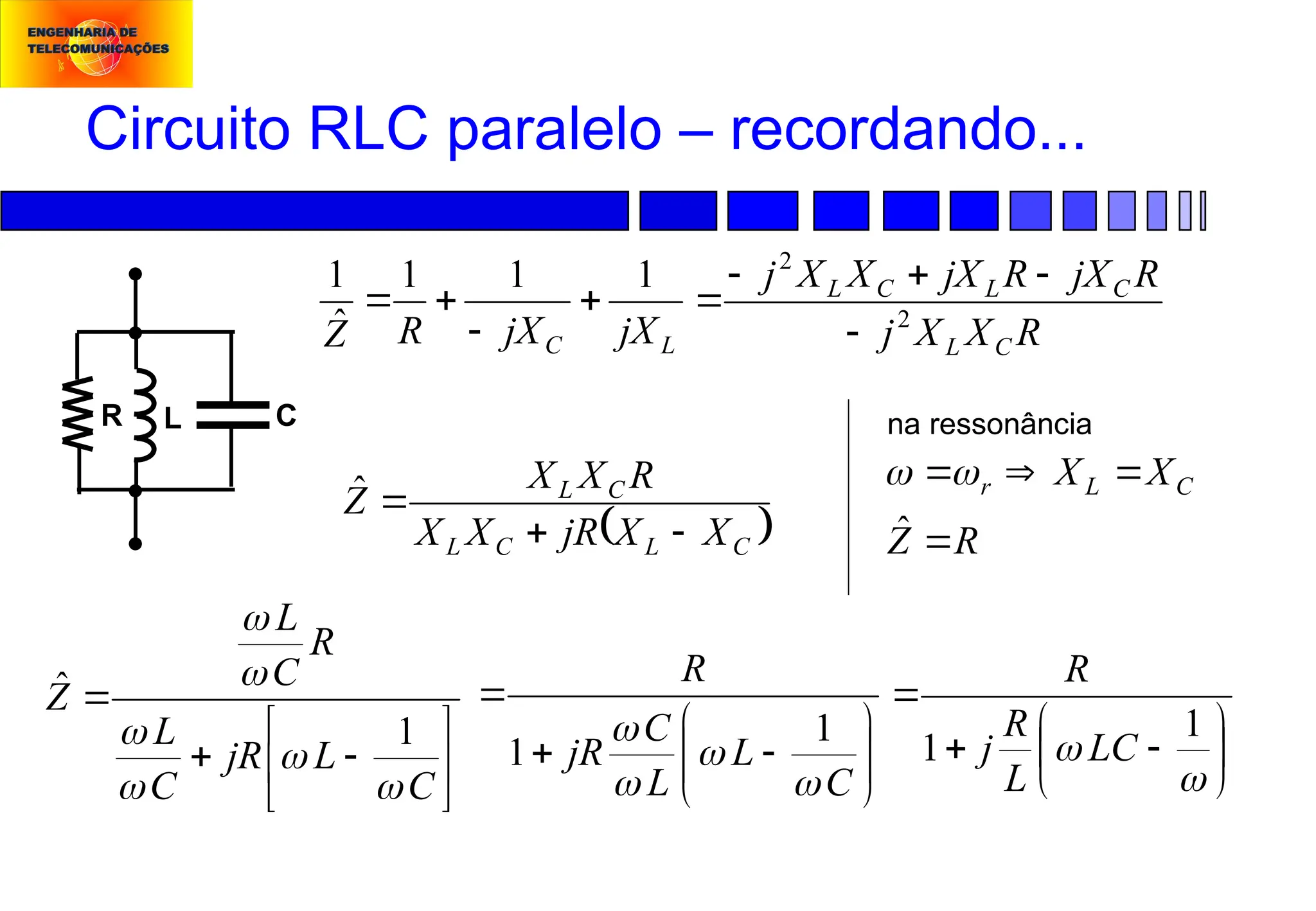 Circuito RLC paralelo – recordando...
R L C
L
C jX
jX
R
Z
1
1
1
ˆ
1




R
X
X
j
R
jX
R
jX
X
X
j
C
L
C
L
C
L
2
2
















1
1 LC
L
R
j
R









C
L
jR
C
L
R
C
L
Z






1
ˆ











C
L
L
C
jR
R



 1
1
 
C
L
C
L
C
L
X
X
jR
X
X
R
X
X
Z



ˆ
R
Z
X
X C
L
r




ˆ


na ressonância
 