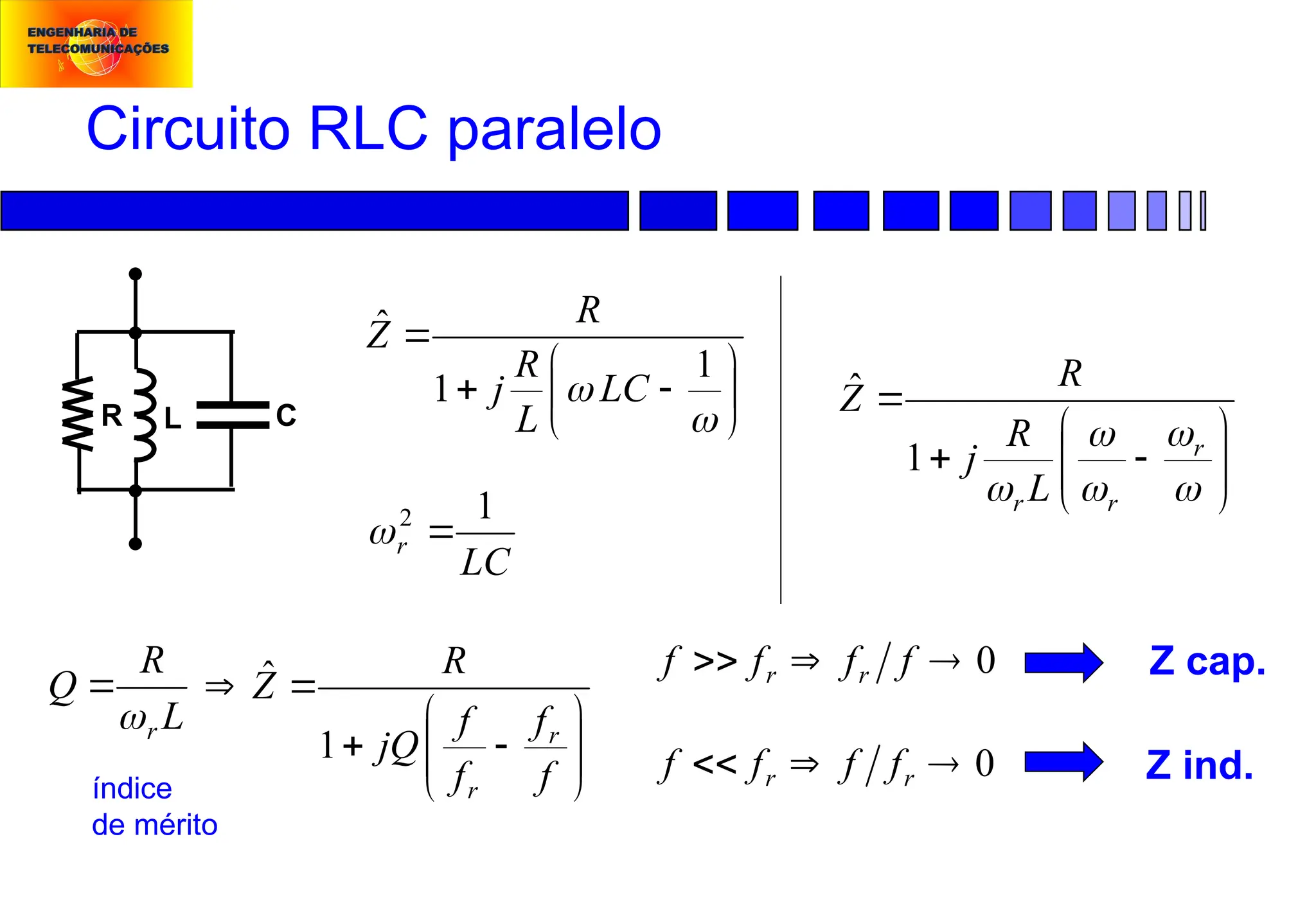 Circuito RLC paralelo
R L C
L
R
Q
r














f
f
f
f
jQ
R
Z
r
r
1
ˆ











1
1
ˆ
LC
L
R
j
R
Z
LC
r
1
2


0


 r
r f
f
f
f
0


 f
f
f
f r
r
















r
r
r L
R
j
R
Z
1
ˆ
Z ind.
Z cap.
índice
de mérito
 