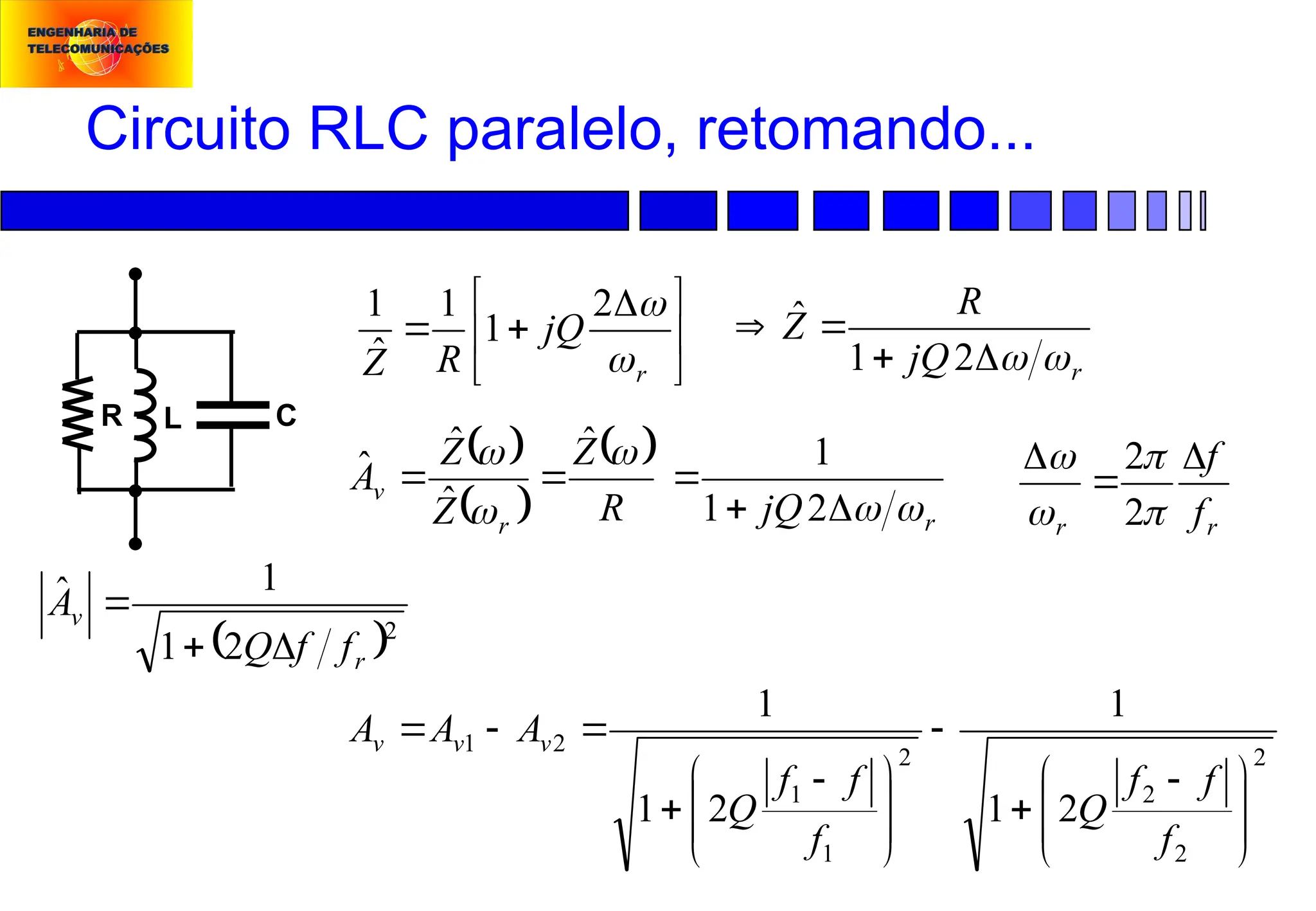 Circuito RLC paralelo, retomando...
R L C
r
r f
f







2
2
 
 
 
R
Z
Z
Z
A
r
v


 ˆ
ˆ
ˆ
ˆ 






 


r
jQ
R
Z 

2
1
1
ˆ
1
r
jQ
R
Z






2
1
ˆ
2
2
2
2
1
1
2
1
2
1
1
2
1
1







 









 




f
f
f
Q
f
f
f
Q
A
A
A v
v
v
r
jQ 




2
1
1
 2
2
1
1
ˆ
r
v
f
f
Q
A



 
