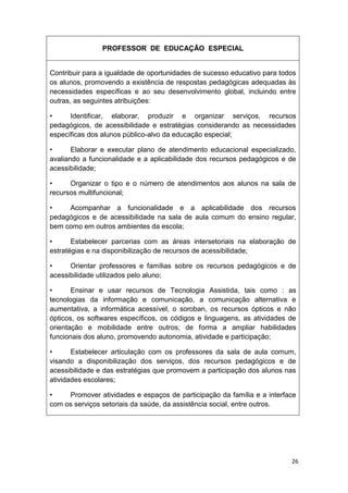 PROFESSOR DE EDUCAÇÃO ESPECIAL


Contribuir para a igualdade de oportunidades de sucesso educativo para todos
os alunos, promovendo a existência de respostas pedagógicas adequadas às
necessidades específicas e ao seu desenvolvimento global, incluindo entre
outras, as seguintes atribuições:

•     Identificar, elaborar, produzir e organizar serviços, recursos
pedagógicos, de acessibilidade e estratégias considerando as necessidades
específicas dos alunos público-alvo da educação especial;

•      Elaborar e executar plano de atendimento educacional especializado,
avaliando a funcionalidade e a aplicabilidade dos recursos pedagógicos e de
acessibilidade;

•     Organizar o tipo e o número de atendimentos aos alunos na sala de
recursos multifuncional;

•    Acompanhar a funcionalidade e a aplicabilidade dos recursos
pedagógicos e de acessibilidade na sala de aula comum do ensino regular,
bem como em outros ambientes da escola;

•      Estabelecer parcerias com as áreas intersetoriais na elaboração de
estratégias e na disponibilização de recursos de acessibilidade;

•     Orientar professores e famílias sobre os recursos pedagógicos e de
acessibilidade utilizados pelo aluno;

•      Ensinar e usar recursos de Tecnologia Assistida, tais como : as
tecnologias da informação e comunicação, a comunicação alternativa e
aumentativa, a informática acessível, o soroban, os recursos ópticos e não
ópticos, os softwares específicos, os códigos e linguagens, as atividades de
orientação e mobilidade entre outros; de forma a ampliar habilidades
funcionais dos aluno, promovendo autonomia, atividade e participação;

•      Estabelecer articulação com os professores da sala de aula comum,
visando a disponibilização dos serviços, dos recursos pedagógicos e de
acessibilidade e das estratégias que promovem a participação dos alunos nas
atividades escolares;

•    Promover atividades e espaços de participação da família e a interface
com os serviços setoriais da saúde, da assistência social, entre outros.




                                                                          26
 