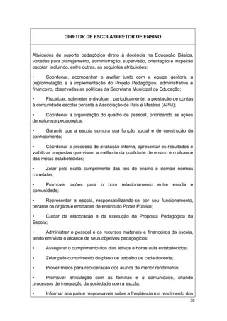 DIRETOR DE ESCOLA/DIRETOR DE ENSINO



Atividades de suporte pedagógico direto à docência na Educação Básica,
voltadas para planejamento, administração, supervisão, orientação e inspeção
escolar, incluindo, entre outras, as seguintes atribuições:

•      Coordenar, acompanhar e avaliar junto com a equipe gestora, a
(re)formulação e a implementação do Projeto Pedagógico, administrativo e
financeiro, observadas as políticas da Secretaria Municipal da Educação;

•    Fiscalizar, submeter e divulgar , periodicamente, a prestação de contas
à comunidade escolar perante a Associação de Pais e Mestres (APM);

•     Coordenar a organização do quadro de pessoal, priorizando as ações
de natureza pedagógica;

•    Garantir que a escola cumpra sua função social e de construção do
conhecimento;

•       Coordenar o processo de avaliação interna, apresentar os resultados e
viabilizar propostas que visem a melhoria da qualidade de ensino e o alcance
das metas estabelecidas;

•      Zelar pelo exato cumprimento das leis de ensino e demais normas
correlatas;

•    Promover     ações para    o   bom   relacionamento    entre   escola   e
comunidade;

•     Representar a escola, responsabilizando-se por seu funcionamento,
perante os órgãos e entidades de ensino do Poder Público;

•     Cuidar da elaboração e da execução da Proposta Pedagógica da
Escola;

•     Administrar o pessoal e os recursos materiais e financeiros da escola,
tendo em vista o alcance de seus objetivos pedagógicos;

•     Assegurar o cumprimento dos dias letivos e horas aula estabelecidos;

•     Zelar pelo cumprimento do plano de trabalho de cada docente;

•     Prover meios para recuperação dos alunos de menor rendimento;

•     Promover articulação com as famílias e a comunidade, criando
processos de integração da sociedade com a escola;

•     Informar aos pais e responsáveis sobre a freqüência e o rendimento dos
                                                                             30
 