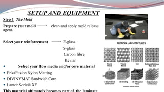 Step 1 The Mold
Prepare your mold clean and apply mold release
agent.
Select your reinforcement E-glass
S-glass
Carbon fibre
Kevlar
 Select your flow media and/or core material
 EnkaFusion Nylon Matting
 DIVINYMAT Sandwich Core
 Lantor Soric® XF
SETUP AND EQUIPMENT
 