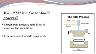  Closed mold process ; resin is not in
direct contact with the air
 Low emission of volatile components
Why RTM is a Close Mould
process?
 