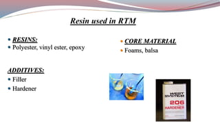  RESINS:
 Polyester, vinyl ester, epoxy
ADDITIVES:
 Filler
 Hardener
 CORE MATERIAL
 Foams, balsa
Resin used in RTM
 