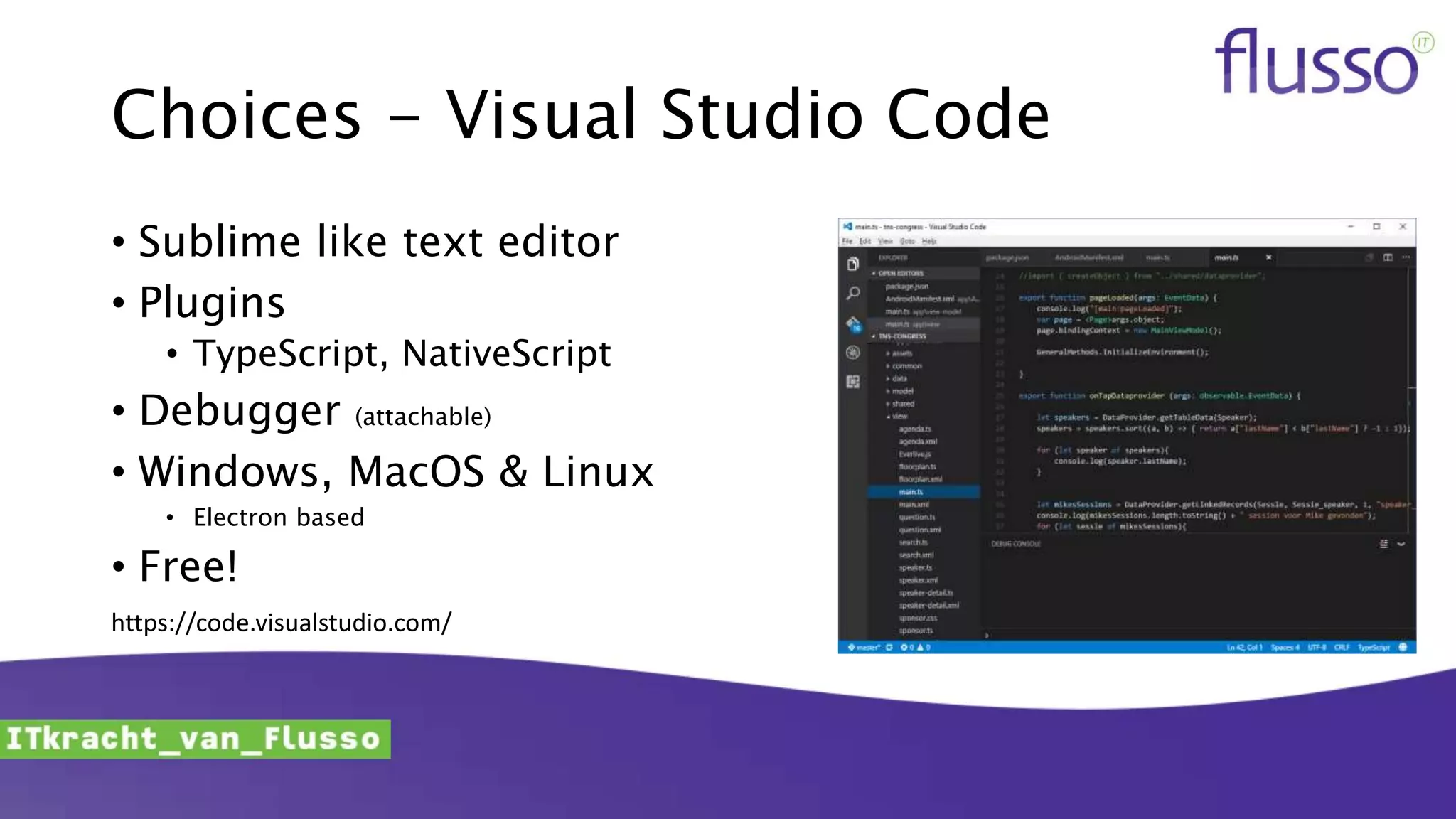 Choices - Visual Studio Code
• Sublime like text editor
• Plugins
• TypeScript, NativeScript
• Debugger (attachable)
• Windows, MacOS & Linux
• Electron based
• Free!
https://code.visualstudio.com/
 