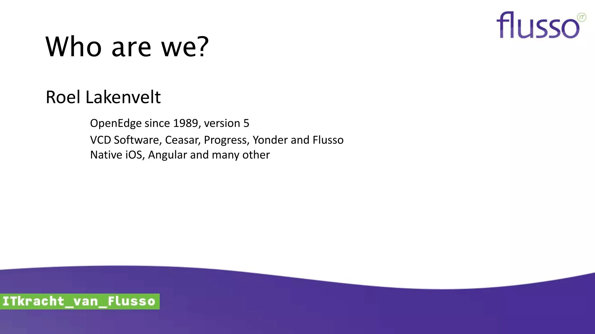 Who are we?
Roel Lakenvelt
OpenEdge since 1989, version 5
VCD Software, Ceasar, Progress, Yonder and Flusso
Native iOS, Angular and many other
 