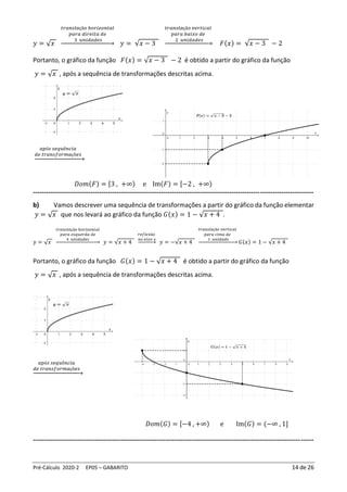 Pré-Cálculo 2020-2 EP05 – GABARITO 14 de 26
𝑦 = √𝑥
𝑡𝑟𝑎𝑛𝑠𝑙𝑎çã𝑜 ℎ𝑜𝑟𝑖𝑧𝑜𝑛𝑡𝑎𝑙
𝑝𝑎𝑟𝑎 𝑑𝑖𝑟𝑒𝑖𝑡𝑎 𝑑𝑒
3 𝑢𝑛𝑖𝑑𝑎𝑑𝑒𝑠
→ 𝑦 = √𝑥 − 3
𝑡𝑟𝑎𝑛𝑠𝑙𝑎çã𝑜 𝑣𝑒𝑟𝑡𝑖𝑐𝑎𝑙
𝑝𝑎𝑟𝑎 𝑏𝑎𝑖𝑥𝑜 𝑑𝑒
2 𝑢𝑛𝑖𝑑𝑎𝑑𝑒𝑠
→ 𝐹(𝑥) = √𝑥 − 3 − 2
Portanto, o gráfico da função 𝐹(𝑥) = √𝑥 − 3 − 2 é obtido a partir do gráfico da função
𝑦 = √𝑥 , após a sequência de transformações descritas acima.
𝑎𝑝ó𝑠 𝑠𝑒𝑞𝑢ê𝑛𝑐𝑖𝑎
𝑑𝑒 𝑡𝑟𝑎𝑛𝑠𝑓𝑜𝑟𝑚𝑎çõ𝑒𝑠
→
𝐷𝑜𝑚(𝐹) = [3 , +∞) e Im(𝐹) = [−2 , +∞)
-----------------------------------------------------------------------------------------------------------------------------------
b) Vamos descrever uma sequência de transformações a partir do gráfico da função elementar
𝑦 = √𝑥 que nos levará ao gráfico da função 𝐺(𝑥) = 1 − √𝑥 + 4 .
𝑦 = √𝑥
𝑡𝑟𝑎𝑛𝑠𝑙𝑎çã𝑜 ℎ𝑜𝑟𝑖𝑧𝑜𝑛𝑡𝑎𝑙
𝑝𝑎𝑟𝑎 𝑒𝑠𝑞𝑢𝑒𝑟𝑑𝑎 𝑑𝑒
4 𝑢𝑛𝑖𝑑𝑎𝑑𝑒𝑠
→ 𝑦 = √𝑥 + 4
𝑟𝑒𝑓𝑙𝑒𝑥ã𝑜
𝑛𝑜 𝑒𝑖𝑥𝑜 𝑥
→ 𝑦 = −√𝑥 + 4
𝑡𝑟𝑎𝑛𝑠𝑙𝑎çã𝑜 𝑣𝑒𝑟𝑡𝑖𝑐𝑎𝑙
𝑝𝑎𝑟𝑎 𝑐𝑖𝑚𝑎 𝑑𝑒
1 𝑢𝑛𝑖𝑑𝑎𝑑𝑒
→ 𝐺(𝑥) = 1 − √𝑥 + 4
Portanto, o gráfico da função 𝐺(𝑥) = 1 − √𝑥 + 4 é obtido a partir do gráfico da função
𝑦 = √𝑥 , após a sequência de transformações descritas acima.
𝑎𝑝ó𝑠 𝑠𝑒𝑞𝑢ê𝑛𝑐𝑖𝑎
𝑑𝑒 𝑡𝑟𝑎𝑛𝑠𝑓𝑜𝑟𝑚𝑎çõ𝑒𝑠
→
𝐷𝑜𝑚(𝐺) = [−4 , +∞) e Im(𝐺) = (−∞ , 1]
-----------------------------------------------------------------------------------------------------------------------------------
 