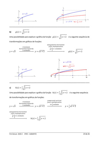 Pré-Cálculo 2020-2 EP05 – GABARITO 23 de 26
-----------------------------------------------------------------------------------------------------------------------------------
b) 𝑔(𝑥) = √
1
2
𝑥 + 2
Uma possibilidade para explicar o gráfico da função 𝑔(𝑥) = √
1
2
𝑥 + 2 é a seguinte sequência de
transformações em gráficos de funções:
𝑦 = √𝑥
𝑡𝑟𝑎𝑛𝑠𝑙𝑎çã𝑜
ℎ𝑜𝑟𝑖𝑧𝑜𝑛𝑡𝑎𝑙 𝑒𝑠𝑞𝑢𝑒𝑟𝑑𝑎
2 𝑢𝑛𝑖𝑑𝑎𝑑𝑒𝑠
→ 𝑦 = √𝑥 + 2
𝑎𝑙𝑜𝑛𝑔𝑎𝑚𝑒𝑛𝑡𝑜 ℎ𝑜𝑟𝑖𝑧𝑜𝑛𝑡𝑎𝑙
𝑓𝑎𝑡𝑜𝑟 𝑚𝑢𝑙𝑡𝑖𝑝𝑙𝑖𝑐𝑎𝑡𝑖𝑣𝑜
1
𝑘
=
1
1
2
=2 𝑢𝑛𝑖𝑑𝑎𝑑𝑒𝑠
→ 𝑔(𝑥) = √
1
2
𝑥 + 2
-----------------------------------------------------------------------------------------------------------------------------------
c) ℎ(𝑥) =
1
2
√
1
2
𝑥 + 2
Uma possibilidade para explicar o gráfico da função ℎ(𝑥) =
1
2
√
1
2
𝑥 + 2 é a seguinte sequência
de transformações em gráficos de funções:
𝑦 = √𝑥
𝑡𝑟𝑎𝑛𝑠𝑙𝑎çã𝑜
ℎ𝑜𝑟𝑖𝑧𝑜𝑛𝑡𝑎𝑙 𝑒𝑠𝑞𝑢𝑒𝑟𝑑𝑎
2 𝑢𝑛𝑖𝑑𝑎𝑑𝑒𝑠
→ 𝑦 = √𝑥 + 2
𝑐𝑜𝑚𝑝𝑟𝑒𝑠𝑠ã𝑜 𝑣𝑒𝑟𝑡𝑖𝑐𝑎𝑙
𝑓𝑎𝑡𝑜𝑟 𝑚𝑢𝑙𝑡𝑖𝑝𝑙𝑖𝑐𝑎𝑡𝑖𝑣𝑜
𝑘=
1
2
𝑢𝑛𝑖𝑑𝑎𝑑𝑒
→ 𝑦 =
1
2
√𝑥 + 2
𝑎𝑙𝑜𝑛𝑔𝑎𝑚𝑒𝑛𝑡𝑜 ℎ𝑜𝑟𝑖𝑧𝑜𝑛𝑡𝑎𝑙
𝑓𝑎𝑡𝑜𝑟 𝑚𝑢𝑙𝑡𝑖𝑝𝑙𝑖𝑐𝑎𝑡𝑖𝑣𝑜
1
𝑘
=
1
1
2
=2 𝑢𝑛𝑖𝑑𝑎𝑑𝑒𝑠
→ ℎ(𝑥) =
1
2
√
1
2
𝑥 + 2
 
