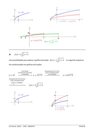 Pré-Cálculo 2020-2 EP05 – GABARITO 24 de 26
------------------------------------------------------------------------------------------------------------------------------------
d) 𝑗(𝑥) = 2√
1
2
𝑥 + 2
Uma possibilidade para explicar o gráfico da função ℎ(𝑥) =
1
2
√
1
2
𝑥 + 2 é a seguinte sequência
de transformações em gráficos de funções:
𝑦 = √𝑥
𝑡𝑟𝑎𝑛𝑠𝑙𝑎çã𝑜
ℎ𝑜𝑟𝑖𝑧𝑜𝑛𝑡𝑎𝑙 𝑒𝑠𝑞𝑢𝑒𝑟𝑑𝑎
2 𝑢𝑛𝑖𝑑𝑎𝑑𝑒𝑠
→ 𝑦 = √𝑥 + 2
𝑎𝑙𝑜𝑛𝑔𝑎𝑚𝑒𝑛𝑡𝑜 𝑣𝑒𝑟𝑡𝑖𝑐𝑎𝑙
𝑓𝑎𝑡𝑜𝑟 𝑚𝑢𝑙𝑡𝑖𝑝𝑙𝑖𝑐𝑎𝑡𝑖𝑣𝑜
𝑘=2 𝑢𝑛𝑖𝑑𝑎𝑑𝑒
→ 𝑦 = 2√𝑥 + 2
𝑎𝑙𝑜𝑛𝑔𝑎𝑚𝑒𝑛𝑡𝑜 ℎ𝑜𝑟𝑖𝑧𝑜𝑛𝑡𝑎𝑙
𝑓𝑎𝑡𝑜𝑟 𝑚𝑢𝑙𝑡𝑖𝑝𝑙𝑖𝑐𝑎𝑡𝑖𝑣𝑜
1
𝑘
=
1
1
2
=2 𝑢𝑛𝑖𝑑𝑎𝑑𝑒𝑠
→ 𝑗(𝑥) = 2√
1
2
𝑥 + 2
 