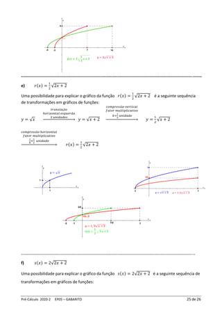 Pré-Cálculo 2020-2 EP05 – GABARITO 25 de 26
------------------------------------------------------------------------------------------------------------------------------------
e) 𝑟(𝑥) =
1
2
√2𝑥 + 2
Uma possibilidade para explicar o gráfico da função 𝑟(𝑥) =
1
2
√2𝑥 + 2 é a seguinte sequência
de transformações em gráficos de funções:
𝑦 = √𝑥
𝑡𝑟𝑎𝑛𝑠𝑙𝑎çã𝑜
ℎ𝑜𝑟𝑖𝑧𝑜𝑛𝑡𝑎𝑙 𝑒𝑠𝑞𝑢𝑒𝑟𝑑𝑎
2 𝑢𝑛𝑖𝑑𝑎𝑑𝑒𝑠
→ 𝑦 = √𝑥 + 2
𝑐𝑜𝑚𝑝𝑟𝑒𝑠𝑠ã𝑜 𝑣𝑒𝑟𝑡𝑖𝑐𝑎𝑙
𝑓𝑎𝑡𝑜𝑟 𝑚𝑢𝑙𝑡𝑖𝑝𝑙𝑖𝑐𝑎𝑡𝑖𝑣𝑜
𝑘=
1
2
𝑢𝑛𝑖𝑑𝑎𝑑𝑒
→ 𝑦 =
1
2
√𝑥 + 2
𝑐𝑜𝑚𝑝𝑟𝑒𝑠𝑠ã𝑜 ℎ𝑜𝑟𝑖𝑧𝑜𝑛𝑡𝑎𝑙
𝑓𝑎𝑡𝑜𝑟 𝑚𝑢𝑙𝑡𝑖𝑝𝑙𝑖𝑐𝑎𝑡𝑖𝑣𝑜
1
𝑘
=
1
2
𝑢𝑛𝑖𝑑𝑎𝑑𝑒
→ 𝑟(𝑥) =
1
2
√2𝑥 + 2
-------------------------------------------------------------------------------------------------------------------------------
f) 𝑠(𝑥) = 2√2𝑥 + 2
Uma possibilidade para explicar o gráfico da função 𝑠(𝑥) = 2√2𝑥 + 2 é a seguinte sequência de
transformações em gráficos de funções:
 