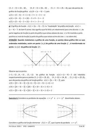 Pré-Cálculo 2020-2 EP05 – GABARITO 9 de 26
(3 , 1 − 3) = (𝟑 , −𝟐) , (4 , 0 − 3) = (𝟒 , −𝟑) , (5 , 1 − 3) = (𝟓 , −𝟐), que são pontos do
gráfico da função gráfico 𝑢(𝑥)𝑏 = |𝑥 − 4| − 3, pois
𝑢(3) = |3 − 4| − 3 = |−1| − 3 = 1 − 3 = −2
𝑢(4) = |4 − 4| − 3 = |0| − 3 = 0 − 3 = −3
𝑢(5) = |5 − 4| − 3 = |1| − 3 = 1 − 3 = −2
-----------------------------------------------------------------------------------------------------------------------------------
g) O gráfico da função 𝑣(𝑥) = ||𝑥 − 4| − 3| é a "modulação" do gráfico da função 𝑢(𝑥) =
|𝑥 − 4| − 3 do item f) acima. Isto significa que foi feito um rebatimento para cima do eixo 𝑥 , da
parte negativa da função (a parte do gráfico que estava abaixo do eixo 𝑥 ) e foi mantida a parte
positiva ou nula da função (a parte do gráfico que estava acima do eixo 𝑥 ou sobre ele).
ATENÇÃO: Quando modulamos o gráfico de uma função, os pontos desse gráfico têm as suas
ordenadas moduladas, assim um ponto (𝒙, 𝒚) do gráfico de uma função 𝒇 , é transformado no
ponto (𝒙, |𝑦|) do gráfico da função |𝑓| .
Observe que os pontos
(−3 , −2) , (4 , −3) , (5 , −2) do gráfico da função 𝑢(𝑥) = |𝑥 − 4| − 3 são rebatidos
respectivamente para os pontos (3 , |−2|) = (𝟑 , 𝟐) , (4 , |−3|) = (𝟒 , 𝟑) , (5 , |−2|) = (𝟓 , 𝟐),
que são pontos do gráfico da função gráfico 𝜈(𝑥) = ||𝑥 − 4| − 3| , pois
𝜈(3) = ||3 − 4| − 3| = ||−1| − 3| = |1 − 3| = |−2| = 2
𝜈(4) = ||4 − 4| − 3| = ||0| − 3| = |0 − 3| = |−3| = 3
𝜈(5) = ||5 − 4| − 3| = ||1| − 3| = |1 − 3| = |−2| = 2
________________________________________________________________________________
Exercício 4: Considere as parábolas de equações 𝑥 = 𝑦2
e 𝑥 = −𝑦2
desenhadas abaixo.
Considere o gráfico da função elementar 𝑓(𝑥) = √𝑥 , que é parte da parábola 𝑥 = 𝑦2
.
 