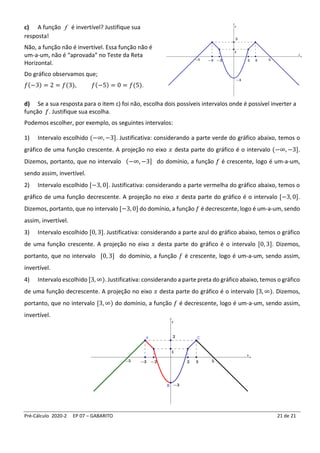 Pré-Cálculo 2020-2 EP 07 – GABARITO 21 de 21
c) A função f é invertível? Justifique sua
resposta!
Não, a função não é invertível. Essa função não é
um-a-um, não é “aprovada” no Teste da Reta
Horizontal.
Do gráfico observamos que;
𝑓(−3) = 2 = 𝑓(3), 𝑓(−5) = 0 = 𝑓(5).
d) Se a sua resposta para o item c) foi não, escolha dois possíveis intervalos onde é possível inverter a
função 𝑓. Justifique sua escolha.
Podemos escolher, por exemplo, os seguintes intervalos:
1) Intervalo escolhido (−∞, −3]. Justificativa: considerando a parte verde do gráfico abaixo, temos o
gráfico de uma função crescente. A projeção no eixo 𝑥 desta parte do gráfico é o intervalo (−∞, −3].
Dizemos, portanto, que no intervalo (−∞, −3] do domínio, a função 𝑓 é crescente, logo é um-a-um,
sendo assim, invertível.
2) Intervalo escolhido [−3, 0]. Justificativa: considerando a parte vermelha do gráfico abaixo, temos o
gráfico de uma função decrescente. A projeção no eixo 𝑥 desta parte do gráfico é o intervalo [−3, 0].
Dizemos, portanto, que no intervalo [−3, 0] do domínio, a função 𝑓 é decrescente, logo é um-a-um, sendo
assim, invertível.
3) Intervalo escolhido [0, 3]. Justificativa: considerando a parte azul do gráfico abaixo, temos o gráfico
de uma função crescente. A projeção no eixo 𝑥 desta parte do gráfico é o intervalo [0, 3]. Dizemos,
portanto, que no intervalo [0, 3] do domínio, a função 𝑓 é crescente, logo é um-a-um, sendo assim,
invertível.
4) Intervalo escolhido [3, ∞). Justificativa: considerando a parte preta do gráfico abaixo, temos o gráfico
de uma função decrescente. A projeção no eixo 𝑥 desta parte do gráfico é o intervalo [3, ∞). Dizemos,
portanto, que no intervalo [3, ∞) do domínio, a função 𝑓 é decrescente, logo é um-a-um, sendo assim,
invertível.
 