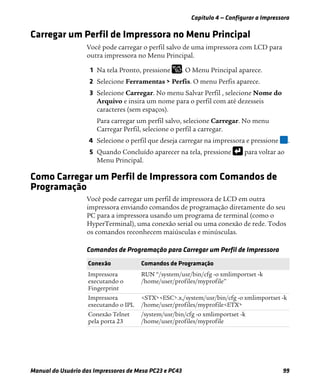 Capítulo 4 — Configurar a Impressora
Manual do Usuário das Impressoras de Mesa PC23 e PC43 99
Carregar um Perfil de Impressora no Menu Principal
Você pode carregar o perfil salvo de uma impressora com LCD para
outra impressora no Menu Principal.
1 Na tela Pronto, pressione . O Menu Principal aparece.
2 Selecione Ferramentas > Perfis. O menu Perfis aparece.
3 Selecione Carregar. No menu Salvar Perfil , selecione Nome do
Arquivo e insira um nome para o perfil com até dezesseis
caracteres (sem espaços).
Para carregar um perfil salvo, selecione Carregar. No menu
Carregar Perfil, selecione o perfil a carregar.
4 Selecione o perfil que deseja carregar na impressora e pressione .
5 Quando Concluído aparecer na tela, pressione para voltar ao
Menu Principal.
Como Carregar um Perfil de Impressora com Comandos de
Programação
Você pode carregar um perfil de impressora de LCD em outra
impressora enviando comandos de programação diretamente do seu
PC para a impressora usando um programa de terminal (como o
HyperTerminal), uma conexão serial ou uma conexão de rede. Todos
os comandos reconhecem maiúsculas e minúsculas.
Comandos de Programação para Carregar um Perfil de Impressora
Conexão Comandos de Programação
Impressora
executando o
Fingerprint
RUN “/system/usr/bin/cfg -o xmlimportset -k
/home/user/profiles/myprofile”
Impressora
executando o IPL
<STX><ESC>.x,/system/usr/bin/cfg -o xmlimportset -k
/home/user/profiles/myprofile<ETX>
Conexão Telnet
pela porta 23
/system/usr/bin/cfg -o xmlimportset -k
/home/user/profiles/myprofile
 