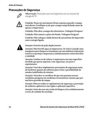 Antes de Começar
xii Manual do Usuário das Impressoras de Mesa PC23 e PC43
Precauções de Segurança
Observação: Você pode usar esta impressora em um sistema de
energia de TI.
Cuidado: Peças em movimento ficam expostas quando a tampa
está aberta. Certifique-se de que a tampa esteja fechada antes de
operar a impressora.
Cuidado: Não abra a tampa dos eletrônicos. Voltagem Perigosa!
Cuidado: Não remova a placa do fundo. Voltagem Perigosa!
Cuidado: Não coloque o dedo dentro do mecanismo de impressão
com a energia ligada.
Atenção: Fusíveis de polo duplo/neutro.
Atenção: Não borrife água na impressora. Se estiver usando uma
mangueira para limpar as instalações em um ambiente industrial,
remova ou proteja a impressora cuidadosamente contra borrifos
e umidade.
Atenção: Lembre-se de colocar a impressora em uma superfície
nivelada que possa suportar, com segurança. seu peso e
suprimentos.
Atenção: Você deve implementar precauções de segurança tanto
de hardware quanto de software para evitar a possibilidade de
estados indefinidos do sistema.
Atenção: Você deve se certificar de que não possam ocorrer
condições perigosas em nenhuma circunstância, mesmo que por
um breve período de tempo.
Atenção: Observe todos os regulamentos de segurança e prevenção
de acidentes aplicáveis à sua região e aplicação específica.
Atenção: Antes de usar um cartão de limpeza, leia cuidadosamente
o texto de cuidado do envelope.
 