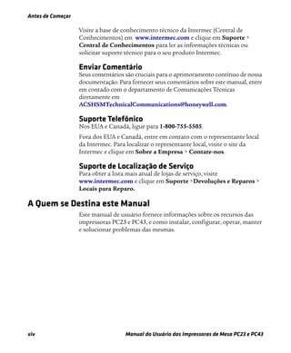 Antes de Começar
xiv Manual do Usuário das Impressoras de Mesa PC23 e PC43
Visite a base de conhecimento técnico da Intermec (Central de
Conhecimentos) em www.intermec.com e clique em Suporte >
Central de Conhecimentos para ler as informações técnicas ou
solicitar suporte técnico para o seu produto Intermec.
Enviar Comentário
Seus comentários são cruciais para o aprimoramento contínuo de nossa
documentação. Para fornecer seus comentários sobre este manual, entre
em contado com o departamento de Comunicações Técnicas
diretamente em
ACSHSMTechnicalCommunications@honeywell.com.
Suporte Telefônico
Nos EUA e Canadá, ligue para 1-800-755-5505.
Fora dos EUA e Canadá, entre em contato com o representante local
da Intermec. Para localizar o representante local, visite o site da
Intermec e clique em Sobre a Empresa > Contate-nos.
Suporte de Localização de Serviço
Para obter a lista mais atual de lojas de serviço, visite
www.intermec.com e clique em Suporte >Devoluções e Reparos >
Locais para Reparo.
A Quem se Destina este Manual
Este manual de usuário fornece informações sobre os recursos das
impressoras PC23 e PC43, e como instalar, configurar, operar, manter
e solucionar problemas das mesmas.
 