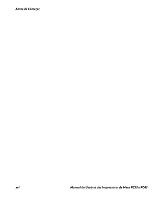 Antes de Começar
xvi Manual do Usuário das Impressoras de Mesa PC23 e PC43
 