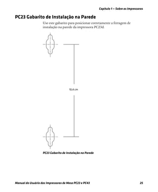 Capítulo 1 — Sobre as Impressoras
Manual do Usuário das Impressoras de Mesa PC23 e PC43 25
PC23 Gabarito de Instalação na Parede
Use este gabarito para posicionar corretamente a ferragem de
instalação na parede da impressora PC23d.
PC23 Gabarito de Instalação na Parede
 
