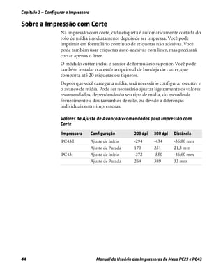 Capítulo 2 — Configurar a Impressora
44 Manual do Usuário das Impressoras de Mesa PC23 e PC43
Sobre a Impressão com Corte
Na impressão com corte, cada etiqueta é automaticamente cortada do
rolo de mídia imediatamente depois de ser impressa. Você pode
imprimir em formulário contínuo de etiquetas não adesivas. Você
pode também usar etiquetas auto-adesivas com liner, mas precisará
cortar apenas o liner.
O módulo cutter inclui o sensor de formulário superior. Você pode
também instalar o acessório opcional de bandeja do cutter, que
comporta até 20 etiquetas ou tíquetes.
Depois que você carregar a mídia, será necessário configurar o cutter e
o avanço de mídia. Pode ser necessário ajustar ligeiramente os valores
recomendados, dependendo do seu tipo de mídia, do método de
fornecimento e dos tamanhos de rolo, ou devido a diferenças
individuais entre impressoras.
Valores de Ajuste de Avanço Recomendados para Impressão com
Corte
Impressora Configuração 203 dpi 300 dpi Distância
PC43d Ajuste de Início -294 -434 -36,80 mm
Ajuste de Parada 170 251 21,3 mm
PC43t Ajuste de Início -372 -550 -46,60 mm
Ajuste de Parada 264 389 33 mm
 