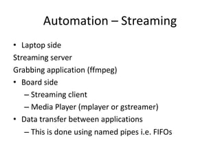 Automation – Streaming
• Laptop side
Streaming server
Grabbing application (ffmpeg)
• Board side
   – Streaming client
   – Media Player (mplayer or gstreamer)
• Data transfer between applications
   – This is done using named pipes i.e. FIFOs
 