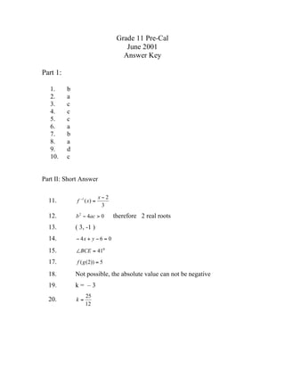 Grade 11 Pre-Cal
                                      June 2001
                                     Answer Key

Part 1:

   1.     b
   2.     a
   3.     c
   4.     c
   5.     c
   6.     a
   7.     b
   8.     a
   9.     d
   10.    c


Part II: Short Answer

                            x!2
  11.         f !1 ( x) =
                             3
  12.                             therefore 2 real roots
              b 2 ! 4ac > 0

  13.         ( 3, -1 )
  14.         ! 4x + y ! 6 = 0

  15.         !BCE = 41o

  17.         f ( g (2)) = 5

  18.         Not possible, the absolute value can not be negative
  19.         k= –3
                   25
  20.         k=
                   12