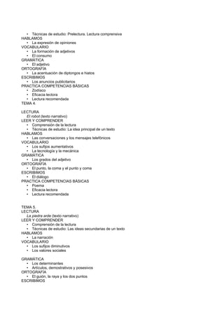 • Técnicas de estudio: Prelectura. Lectura comprensiva
HABLAMOS
  • La expresión de opiniones
VOCABULARIO
  • La formación de adjetivos
  • El consumo
GRAMÁTICA
  • El adjetivo
ORTOGRAFÍA
  • La acentuación de diptongos e hiatos
ESCRIBIMOS
  • Los anuncios publicitarios
PRACTICA COMPETENCIAS BÁSICAS
  • Zodíaco
  • Eficacia lectora
  • Lectura recomendada
TEMA 4.

LECTURA
  El robot (texto narrativo)
LEER Y COMPRENDER
  • Comprensión de la lectura
  • Técnicas de estudio: La idea principal de un texto
HABLAMOS
  • Las conversaciones y los mensajes telefónicos
VOCABULARIO
  • Los sufijos aumentativos
  • La tecnología y la mecánica
GRAMÁTICA
  • Los grados del adjetivo
ORTOGRAFÍA
  • El punto, la coma y el punto y coma
ESCRIBIMOS
  • El diálogo
PRACTICA COMPETENCIAS BÁSICAS
  • Poema
  • Eficacia lectora
  • Lectura recomendada


TEMA 5.
LECTURA
  La piedra arde (texto narrativo)
LEER Y COMPRENDER
  • Comprensión de la lectura
  • Técnicas de estudio: Las ideas secundarias de un texto
HABLAMOS
  • La narración
VOCABULARIO
  • Los sufijos diminutivos
  • Los valores sociales

GRAMÁTICA
  • Los determinantes
  • Artículos, demostrativos y posesivos
ORTOGRAFÍA
  • El guión, la raya y los dos puntos
ESCRIBIMOS
 