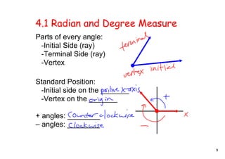 4.1 Radian and Degree Measure
Parts of every angle:
 ­Initial Side (ray)
 ­Terminal Side (ray)
 ­Vertex 

Standard Position:
 ­Initial side on the _______
 ­Vertex on the _______

+ angles: ________
– angles: ________


                                3
 
