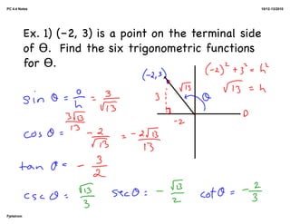 PC 4.4 Notes                                                 10/12-13/2010




            Ex. 1) (–2, 3) is a point on the terminal side
            of ϴ. Find the six trigonometric functions
            for ϴ.




Fjelstrom
 