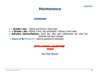 C
U
S
T
O
M
E
R
M
A
I
N
T
E
N
A
N
C
E
© 2018 HORIBA, Ltd. All rights reserved. 108
 - 20 tests / day : Deprot and Etching 1 time/ week
 + 20 tests / day : Etching 1 time / day and Deprot + Etching 1 time/ week
 Activation (Serum/Plasma) : Every day, after each maintenance and when the
electrode have been changed
 Deprot CP & Etching CP : cleaning solutions for electrodes
D
E
P
R
O
T
t
r
e
a
t
m
e
n
t
w
t
h
A
B
X
P
e
n
t
r
a
D
u
m
m
y
-
E
e
e
c
t
r
o
d
e
(
R
e
.
A
1
1
A
0
1
8
5
1
)
i
n
f
l
i
C
h
o
r
d
e
p
a
c
e
l
i
l
See User Manual
Maintenance
 