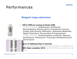 Reagent range extensions
• DAT & TDM are running on Pentra C400
14 DATs validated: Amphetamine, Barbiturate,
Benzodiazepine, Buprenorphine, Cannabinoid, Cocaine,
Ecstasy, Ethyl Alcohol, Methadone , Methadone Metabolite,
Opiate, Oxycodone, Phencyclidine & Propoxyphene
7 TDMs validated: Acetaminophene, Amikacine, Digoxine,
Gentamycine, Tobramycine ,Tricyclique (Antidepressant) &
Vancomycine
• Up to 15 additional User’s channels
(can be extended to 40 according to hardware modifications)
With Open cassettes 30/10 (ref A11A01922) and Vials can be
used
© 2018 HORIBA, Ltd. All rights reserved. 33
Performances
 
