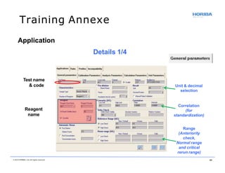 Training Annexe
Test name
& code
Reagent
name
Range
(Anteriority
check,
Normal range
and critical
rerun range)
Correlation
(for
standardization)
Unit & decimal
selection
Application
Details 1/4
© 2018 HORIBA, Ltd. All rights reserved. 44
 