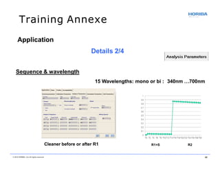 Training Annexe
Cleaner before or after R1 R1+S R2
Application
Details 2/4
Sequence & wavelength
15 Wavelengths: mono or bi : 340nm …700nm
© 2018 HORIBA, Ltd. All rights reserved. 48
 