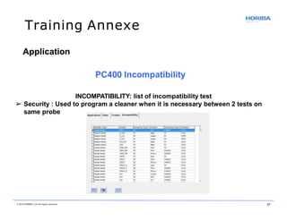 Training Annexe
Application
PC400 Incompatibility
INCOMPATIBILITY: list of incompatibility test
➢ Security : Used to program a cleaner when it is necessary between 2 tests on
same probe
© 2018 HORIBA, Ltd. All rights reserved. 57
 