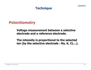 Potentiometry
Voltage measurement between a selective
electrode and a reference electrode.
The intensity is proportional to the selected
ion (by the selective electrode : Na, K, Cl,...).
© 2018 HORIBA, Ltd. All rights reserved. 97
Technique
 